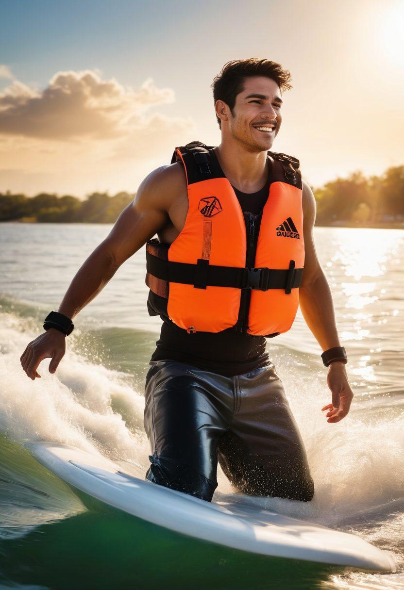 A dynamic scene depicting a wrestler confidently standing on a vibrant boat, holding a life jacket and other protective gear, while water sports enthusiasts around him are engaging in activities like wakeboarding and jet skiing. The background features a sunny sky with splashes of water, symbolizing excitement and safety. The colors should be bright and eye-catching, creating an energetic vibe that resonates with action and adventure. super-realistic. vibrant colors. sunny background.