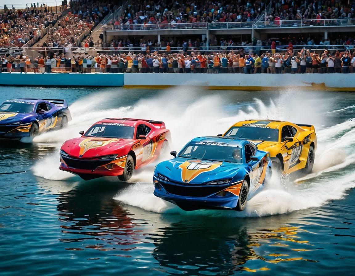 A dynamic scene combining professional wrestling in a vibrant arena and exhilarating watercraft racing on a crystal-clear lake. The image showcases wrestlers in colorful masks performing an acrobatic move in the foreground while powerful speedboats skim across the water in the background, surrounded by cheering fans. Sunlight sparkles on the water surface, and banners for coverage insights flutter in the breeze. bold colors, energetic composition, super-realistic.