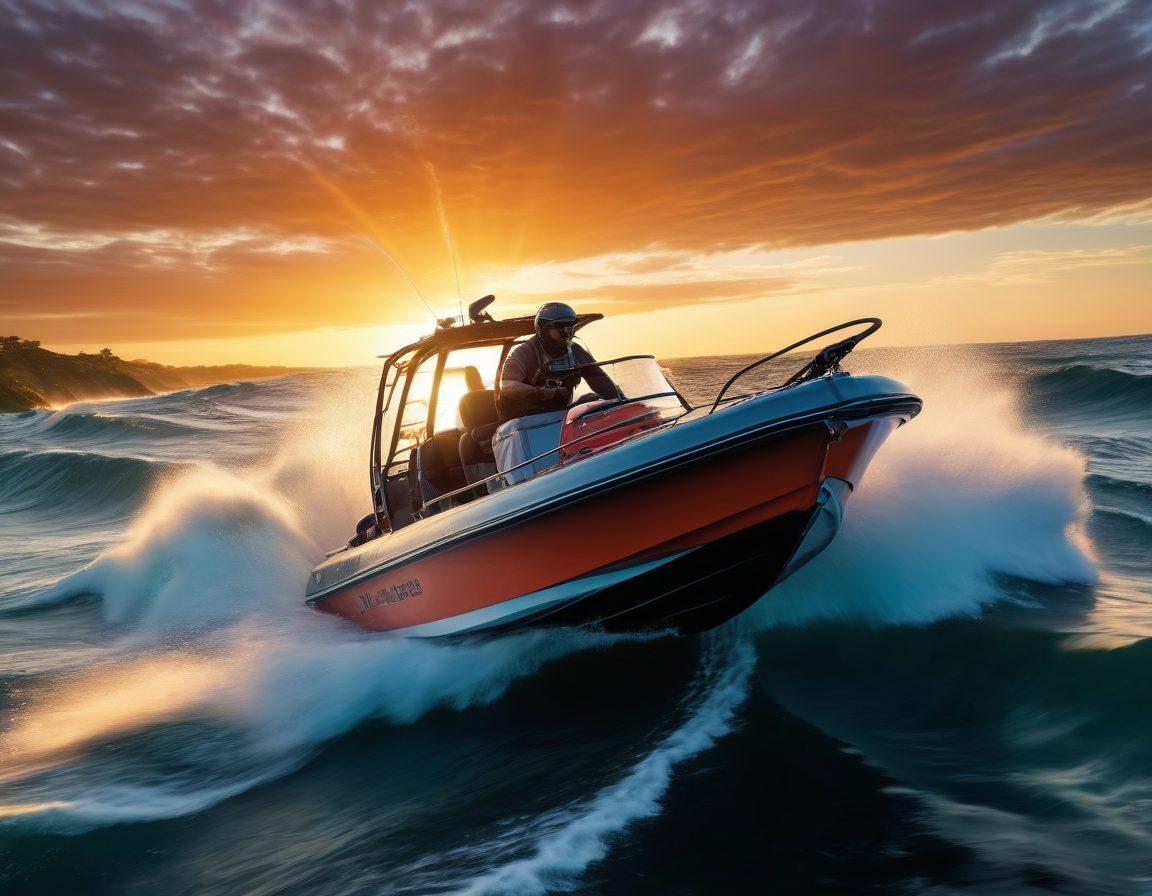 A dynamic scene featuring a muscular combat sports enthusiast confidently steering a high-end boat through turbulent waters. The boat should be equipped with visible protective gear, demonstrating tailored protection plans in action. Include elements like splashing waves and a vibrant sunset in the background that adds energy to the image. The overall atmosphere should convey adventure and safety in a thrilling combat sports setting. super-realistic. vibrant colors. 3D.